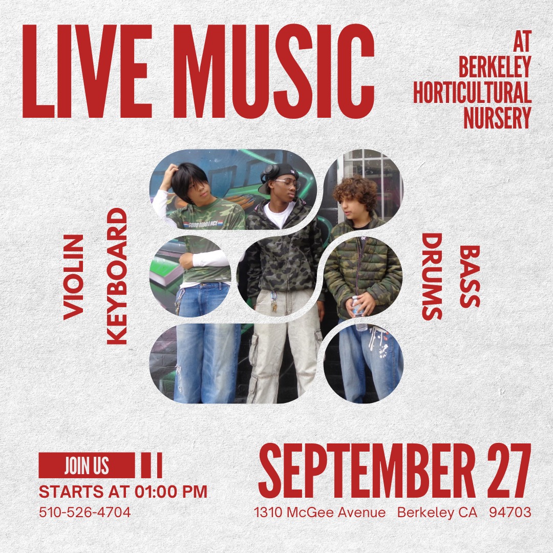 Join us for an afternoon of live music, Saturday September 27th!
Kingston, Dame and Asante are a trio out of the Bay Area, fusing their own sounds to create a genre fluid jazz fusion group.
Performing live at the nursery, one afternoon only!