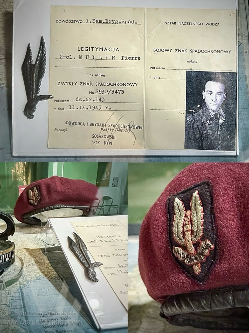 SAS beret, Polish parachutist badge and award document belonging to Achille Muller of the 4th SAS Regiment on display at the Musée-Mémorial des Parachutists in Pau, France.