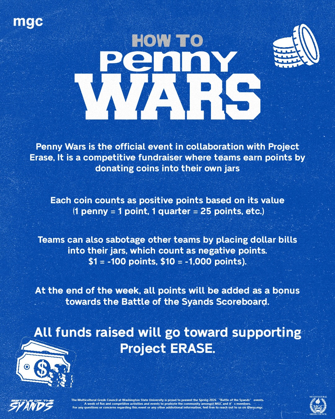 INTRODUCING BATTLE OF THE SYANDS: PENNY WARS 💙
An exclusive weeklong event of Battle of the Syands in partnership with @projecterase , Penny Wars is your chance to compete, give back, and earn points for your team!
💰 Donate coins to your team’s jar to earn points
📈 The higher the value, the more points
⚠️ Sabotage other teams by dropping dollar bills in their jars
✏️ Earn extra points by donating school supplies to support Project ERASE and students in Guatemala 🇬🇹
Every coin. Every item. Every move counts.
At the end of the week, all points go toward the Battle of the Syands scoreboard 🏁
May the best team win!